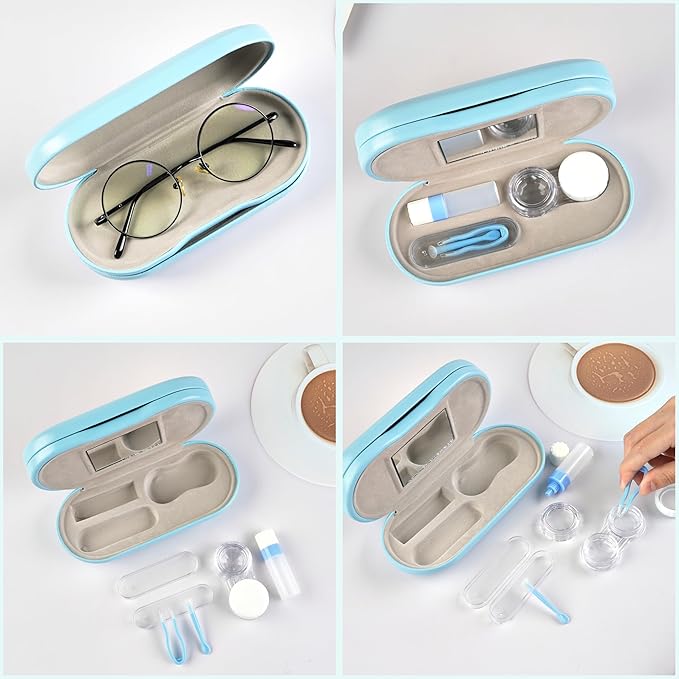 Lasiyanor 2 in 1 Eyeglass Case Portable Double Sided Contact Lens Box Multifunction With Tool for Travel Daily Outdoor