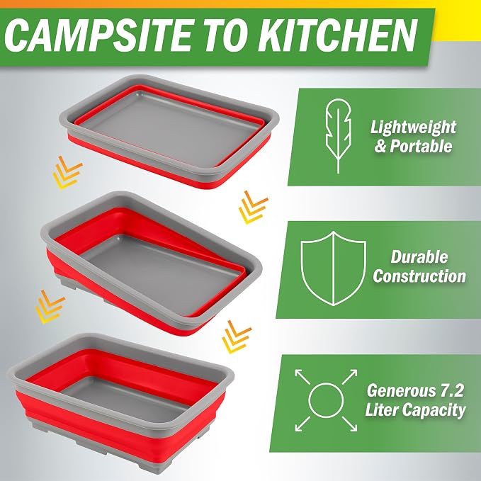 Collapsible Cleaning Caddy - Portable Multi-use Wash Basin, Dish Tub, or Ice Bucket with 7.27L Capacity for Camping and Tailgating by Wakeman (Red)