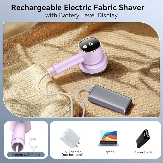 2 Pack Rechargeable Fabric Shaver Combo: LED Display, 3 Speeds Control and 6-Leaf Blades, Portable Lint Shavers to Remove Fuzz Ball Pilling from Sweater Furniture, Pink+White