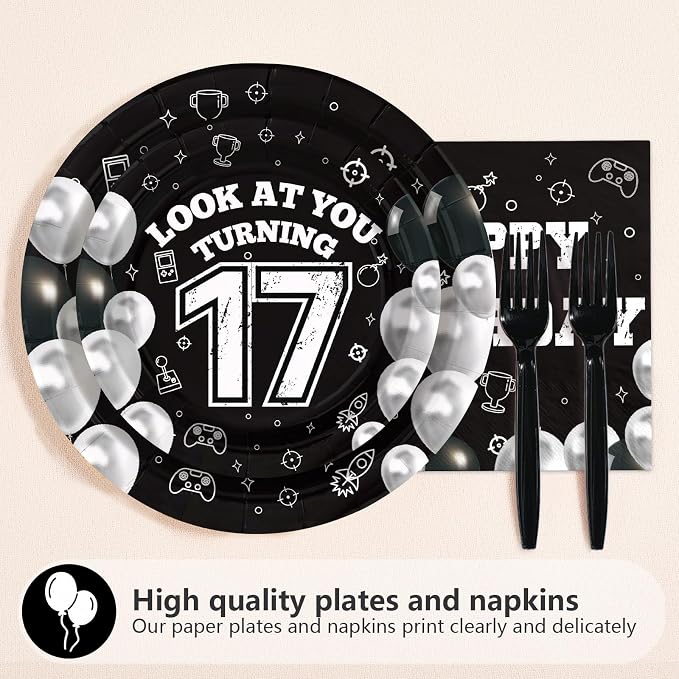 96 Pcs 17th Birthday Decorations for Boys Girls Black White 17th Party Plates Disposable Look At You Turning 17 Paper Tableware Set for 17 Year Old Birthday Party Supplies Serves 24