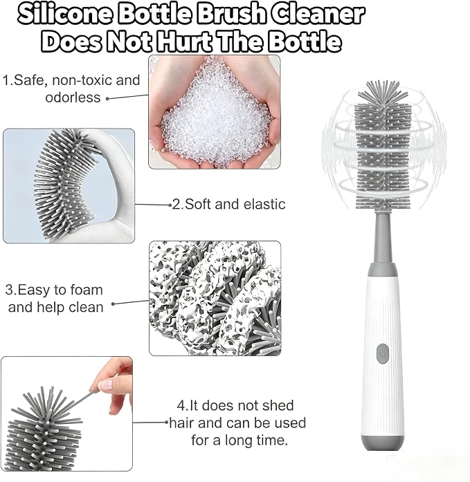 Electric Bottle Brush Set, 6-in-1 Electric Cleaning Brush with Waterproof Silicone Cleaner, 3 Replaceable Brush Heads, Straw Brush & Extension Rod, for Baby Feeding Supplies and Kitchen Utensils