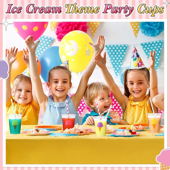 Blushtier 300 Pcs Ice Cream Disposable Plastic Cups with Lids and Straws 12oz Ice Cream Party Favors Clear Cold Drinking Cups Birthday Drinkware Set for Party Supplies
