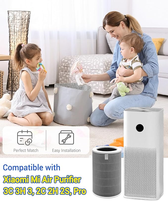 2 Pack M8R-FLH Replacement Filter Compatible with Xiaomi Mi Air Purifier, Models 3C 3H 3, 2C 2H 2S, Pro, 3-Stage Filtration with Activated Carbon Filters