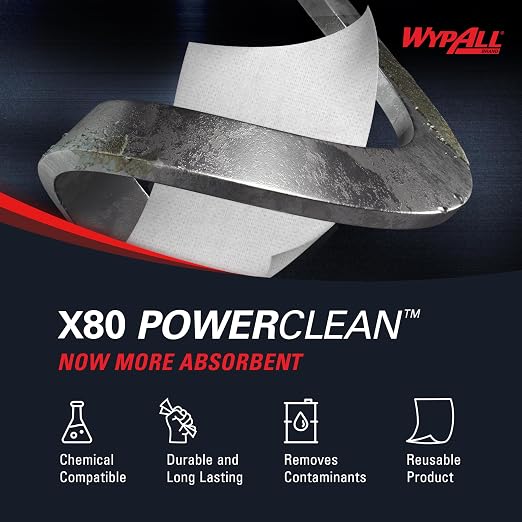 WypAll PowerClean X80 Cloths Heavy Duty Wipes (41026), Quarterfold, Extended Use Towels, White (4 Packs of 50 Sheets, 200 Sheet Total)