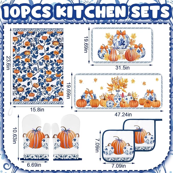 Fanfanwin 10 Pcs Thanksgiving Pumpkin Kitchen Decor Set Kitchen Towels Pot Holders Oven Mitts and Rugs Set Blue and White Porcelain Decor for Baking Cooking BBQ Home