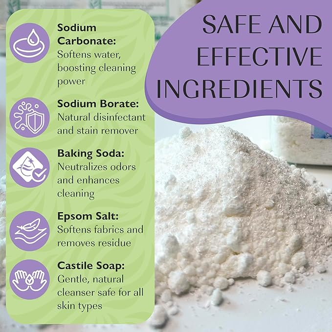 Natural Laundry Detergent Soap | Hypoallergenic Deep Cleaning Washing Powder | Eco-Friendly, Safe, and Effective BORAX, SODA ASH, EPSOM SALT, BAKING SODA and CASTILE SOAP (65 Loads) (Lavender)