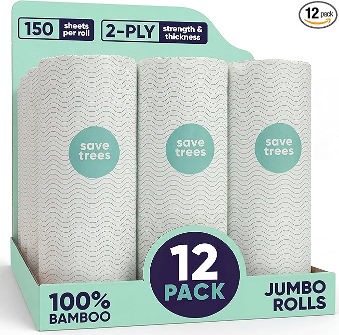 Save Trees Bamboo Paper Towels 12pk - 1800 Sheets Paper Towel Rolls Ultra Absorbent & Durable EcoTowels - FSC-Certified, Vegan Bamboo Kitchen Rolls