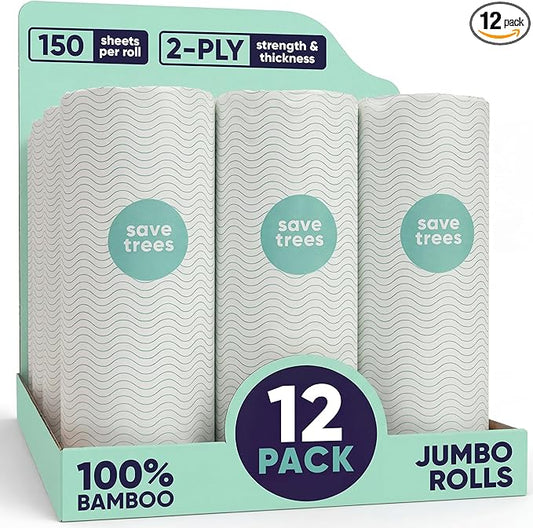 Save Trees Bamboo Paper Towels 12pk - 1800 Sheets Paper Towel Rolls Ultra Absorbent & Durable EcoTowels - FSC-Certified, Vegan Bamboo Kitchen Rolls