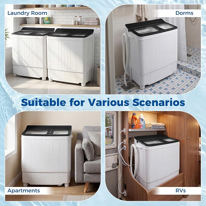 Giantex Portable Washing Machine, 18LBS Twin Tub Mini Compact Laundry Washer Spinner Combo with Drain Pump, 11Lbs Washer and 7Lbs Spinner for Apartments, RVs, Dorms, Black+White