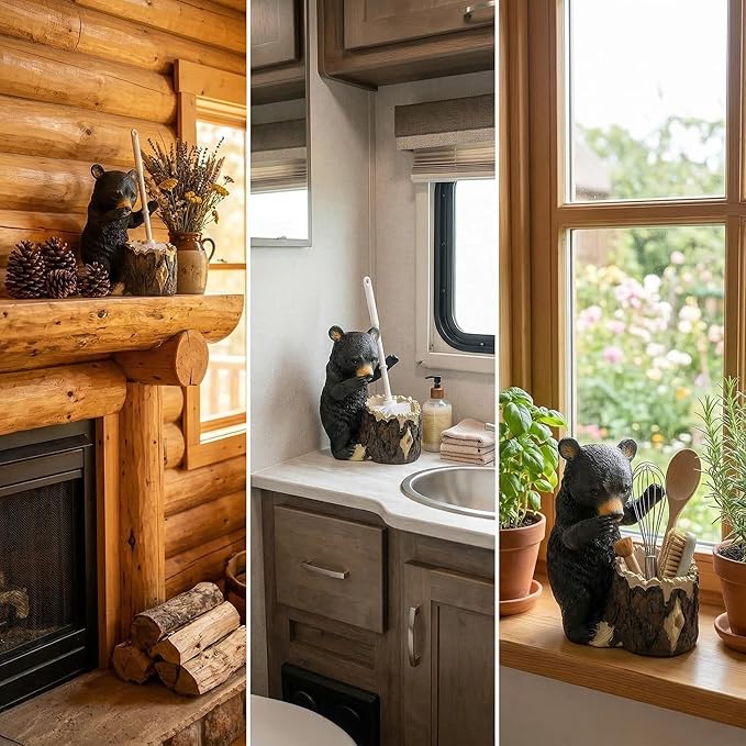 Whimsical Black Bear Toilet Brush Holder Set - Unique Cub Shape Decorative Bathroom Cleaning Kit for Cabin Owners, Bear-Themed Home Decor, Cozy Cabin Gifts