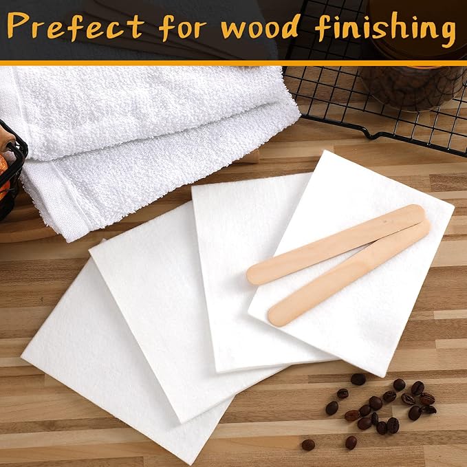 Oudain 27 Pieces Wood Wax Applicator, Includes 15 White Non-Woven Pads 2 Terry Cloth Buffing Towels and 10 Stirring Sticks for Polishing Cutting Board and Multi Purpose Use in Home