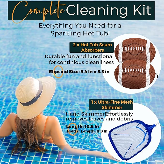 Football Hot Tub Scum Absorber 2 Pack with Pool Net Skimmer – Floating Spa Hot Tub Scum Sponge for Oils & Surface Debris, Reusable Scum Sponge for Hot Tub, Complete Hot Tub Accessories Set