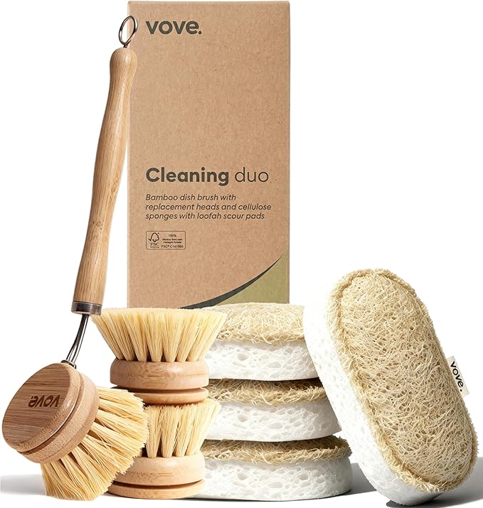 Vove Cleaning Duo, Bamboo Dish Brush Set and Natural Dish Sponges, FSC-Certified Bamboo, Sisal, Loofah, Cellulose, Plastic-Free, Eco-Friendly Zero-Waste Kitchen Dish Scrubber Set