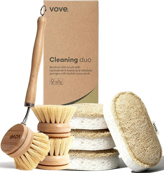 Vove Cleaning Duo, Bamboo Dish Brush Set and Natural Dish Sponges, FSC-Certified Bamboo, Sisal, Loofah, Cellulose, Plastic-Free, Eco-Friendly Zero-Waste Kitchen Dish Scrubber Set