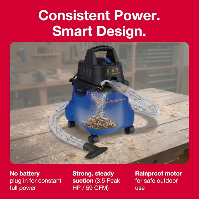 Koblenz WD-6 L212 Wet Dry Vacuum Cleaner, 6 Gallon, 4.5 PHP, 3-in-1 Suction & Blower, 16 ft Reach, Big Cleaner for Car, Shop Vacuum Wet and Dry, Swivel Casters, Black/Blue