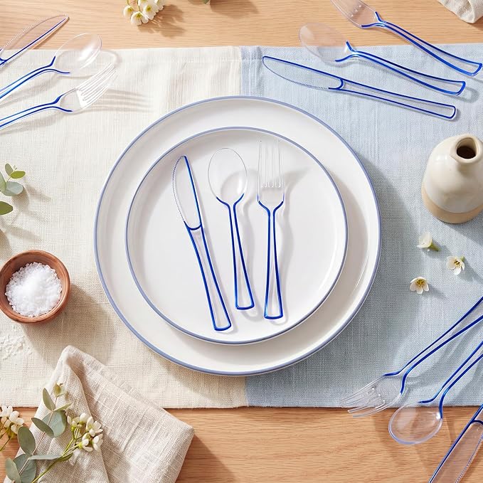 Minatee 150 Pcs Blue Plastic Silverware, Clear Disposable Cutlery Set Heavy Duty Utensil Sets 50 Forks 50 Knives 50 Spoons for Birthday Party Home Office School Picnics Restaurant Outdoor Events