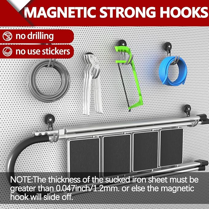 3-H Extra Strong Magnetic Hooks,Heavy Duty Large Anti-Slip Magnet Hooks J Shape,No-Drill Tool Holder for Garage,Power Drill,Garden Tools,Hose Storage,2 Pack Gray