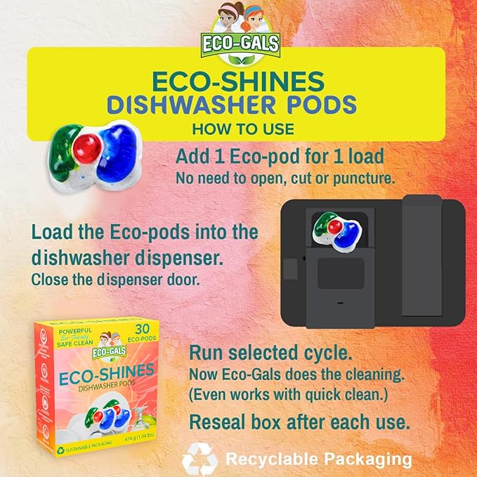 ECO-GALS Eco-Spinz Disposal Cleaner and Deodorizer for Kitchen Drains and Sinks Plus Eco-Shines Dishwasher Detergent 3 in 1 Power of Liquid, Powder, and Gel for Brighter Cleaner Dishes