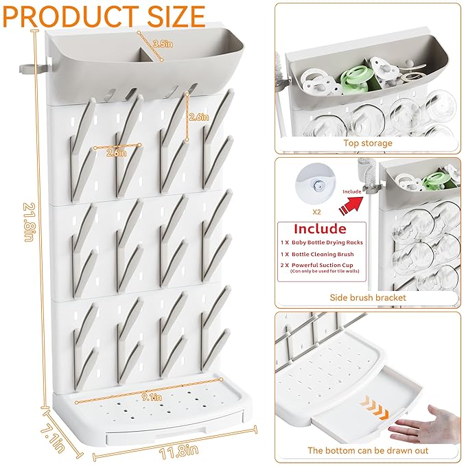 SuoXing Vertical Baby Bottle Drying Rack with Brush- Hold 24 Bottles - Large Breast Pump,Bottle Dryer Rack for Kitchen Countertop,Space Saving Bottle Stand Holder for Pacifiers,Pump Accessories,Grey