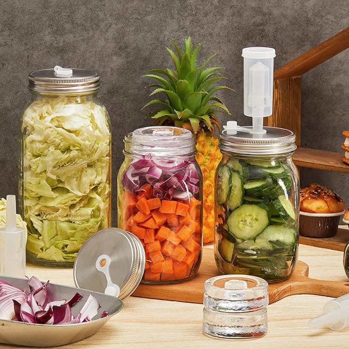 Tessco for you 4 Set Fermentation Kit, Wide Mouth Fermentation Lids and Weights, Airlocks and Silicone Rings for Mason Jars Making and Storing Sauerkraut Probiotic Food (No Jars)
