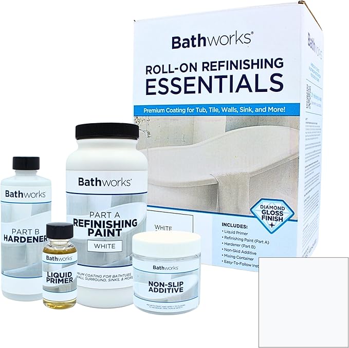 Bathworks Essentials Roll-On Refinishing Kit - 22 fl oz, High Gloss White, Long-Lasting Acrylic Resin Finish with Non-Slip Additive - Professional-Grade DIY Coating for Bathtubs, Tile, Sinks & Showers (Paint Materials Only)