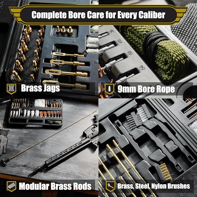 Elite Universal Gun Cleaning Kit for All Guns, Gun Brushes for Pistol Handgun Shotgun Rifle, Durable Brass Rods, 9mm Bore Rope, Oil Bottle, Brushes, Brass Jags, Carrying Case Gun Accessories for Men