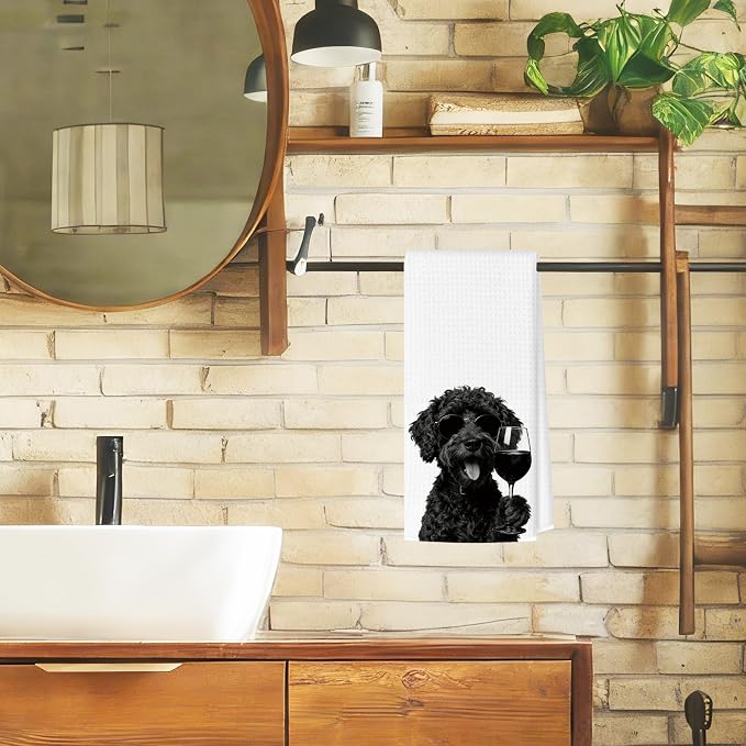 Funny Black Portuguese Water Dog Wine Bar Kitchen Towels, Dog Gifts for Women Decorative Hand Towels for Kitchen Decor, Dog Mom Dad Lovers Owner Gifts Dish Tea Towel, 16x24 Inch