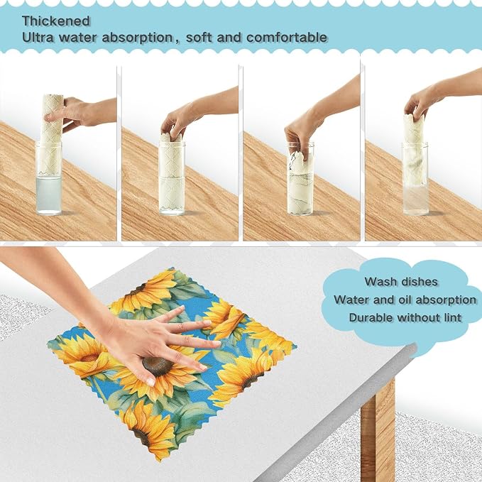 senya Kitchen Dishcloths, Sunflower Blue Cloth Dish Towels 6 Pack Super Absorbent Dishtowels Reusable Cleaning Cloths