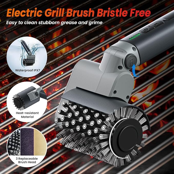 Electric Grill Brush for Outdoor Grill,3-in-1 Kit Cordless Rotary Grill Cleaner with 3-Speed Control&Angle Adjust,Safe for Cast Iron/Stainless-Steel Grates,Ideal BBQ Gifts for Men Dad
