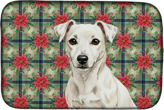Caroline's Treasures White Jack Russell Terrier Christmas PoinsettIas Dish Drying Mat Absorbent Dish Drying Mat Pad for Kitchen Counter Dish Drainer Mat for Countertop, 14 x 21", Multicolor