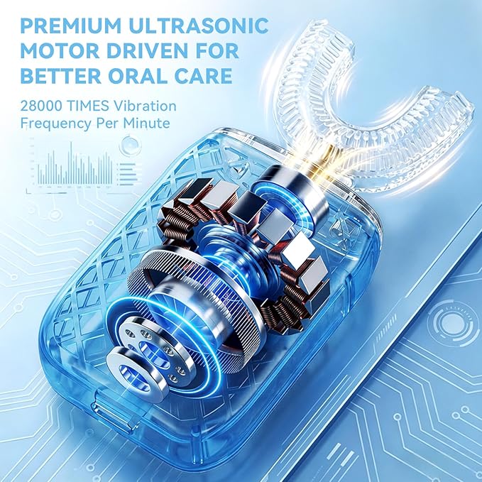 Sonic Electric U Shaped Toothbrush for Adults, Automatic Full Mouth Cleaning Toothbrush, 360° Stain Removal, IPX7 Waterproof Rechargeable, 3 U-Shape & 2 Straight Brush Heads