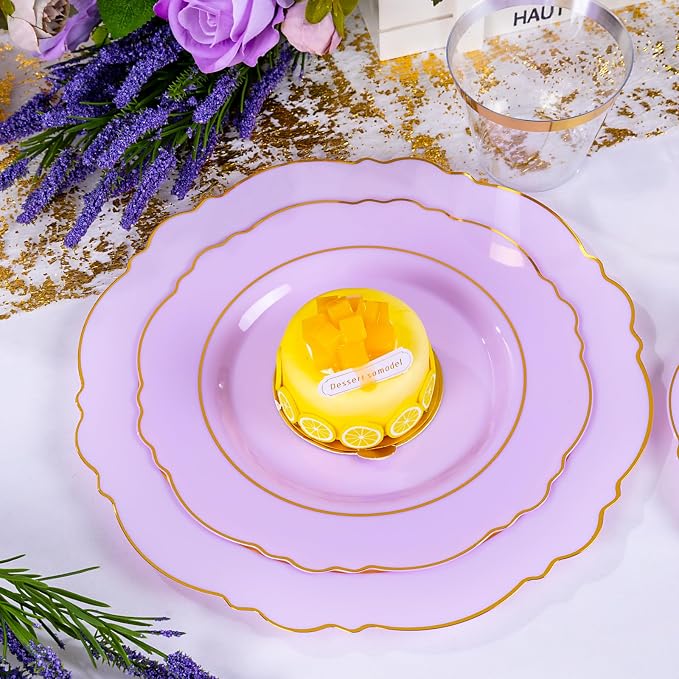 Liacere 350PCS Purple Plastic Plates - Disposable Lavender Plates 50guest Plastic Dinnerware include 100Light purple Plates,50Pack Pre Rolled Napkins Silverware 50Cups for Wedding & Party