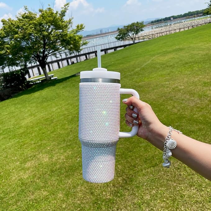 40oz Bling Tumbler with Handle and Straw Lid Rhinestone Studded Tumbler Cups Vacuum Insulated Stainless Steel Double Wall Water Bottle Travel Mug Gifts for Women Her (Pearl White)
