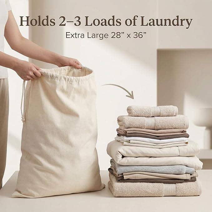 Urban Villa Extra Large Canvas Laundry Bag 28x36 Inches, 100% Cotton Drawstring Laundry Sack, Machine Washable Reusable Hamper Liner for Dorm, Travel & Home (1 Pack)