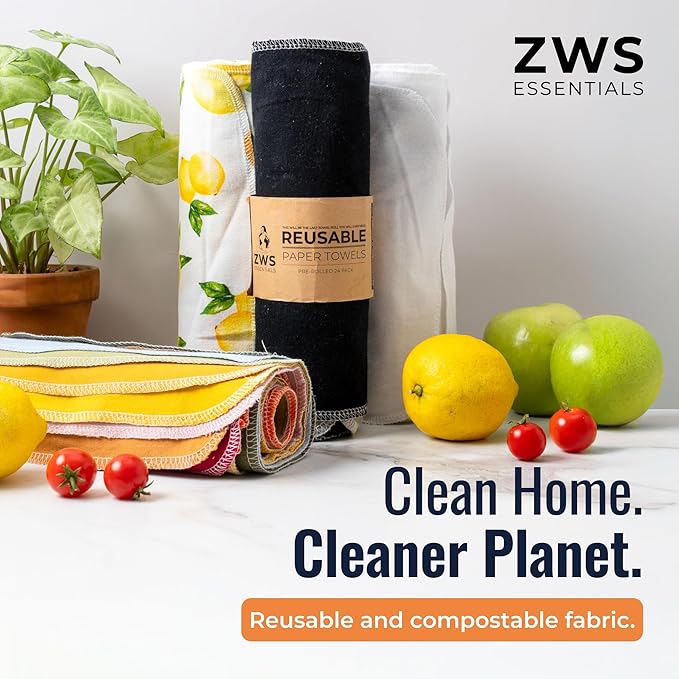 Zero Waste Reusable Paper Towels, Organic Cotton Flannel Wipes for Kitchen, Bathroom, Hand Drying, Pet Messes, and Counter Cleaning, Lemons, 24-Pack Gift Set