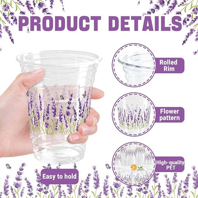 100 Pack Lavender Plastic Cups 12 oz Purple Floral Spring Summer Flower Disposable Cup Wildflowers Drinking Cold Beverage Cup for Summer Party Supplies