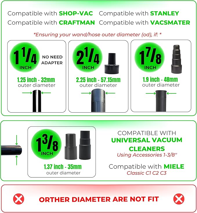 Universal Vacuum Attachments & Brushes Kit - Hardwood Floor Vacuum Brush Head Attachment & Shop-vacs Accessories - Universal Vacuum Hose Adapter Kit & Dryer vent Flexible Crevice Attachment
