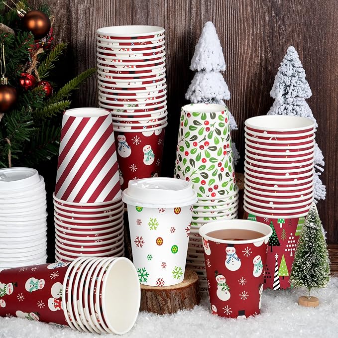 Hallswl 100 Pieces 12 oz Christmas Paper Cups with Lids, Disposable Coffee Cups for Cold Beverage Hot Drinking,Snowflake Tree Stripes Holly Berry Snowman Pattern Cup for Christmas Decorations
