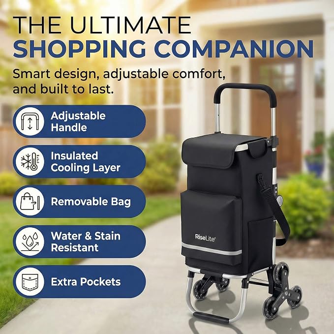 Stair Climbing Cart - Shopping Cart with Wheels for Stairs, Foldable Tri-Wheel Grocery Cart for Seniors & Apartments, 55L Bag with Insulated Cooler, Adjustable Handle, 110 Lbs, Waterproof
