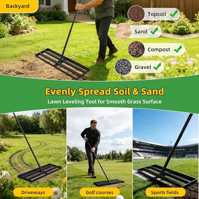 Stainless Steel Lawn Leveling Rake with 70" Adjustable Long Handle – 30"×10" Lawn Leveler for Yard & Garden Soil Leveling, Heavy Duty Top Dressing Rake for Lawn Repair, Landscaping & Grass Care