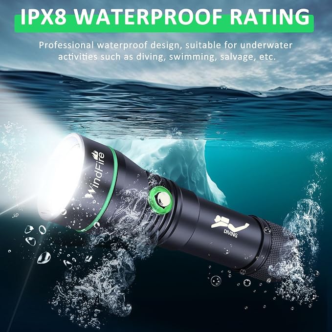 WINDFIRE Rechargeable Scuba Diving Flashlight, Super Bright LED Dive Light, IPX8 Waterproof 60M Underwater Flashlight with 3 Modes for Snorkeling & Cave Diving