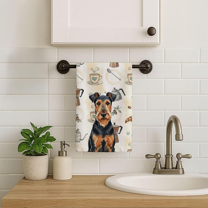 Caroline's Treasures Airedale Terrier Coffee Bar Kitchen Towel Velour Plush Front and Cotton Loop Back Machine Washable