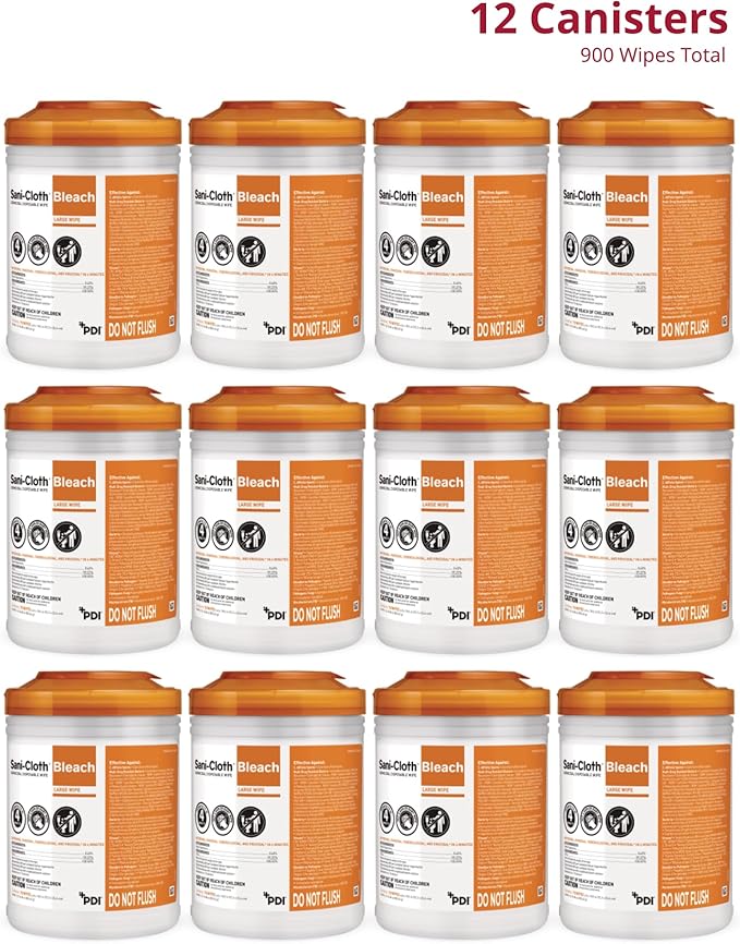 Sani-Cloth Bleach Disposable Wipes, Full Case, Hospital-Grade Surface Disinfecting Wipes for Healthcare and Bathroom, Large Wipe, 6" x 10.5", 75 Wipes per Canister, 12 Canisters Total, 900 Total Wipes