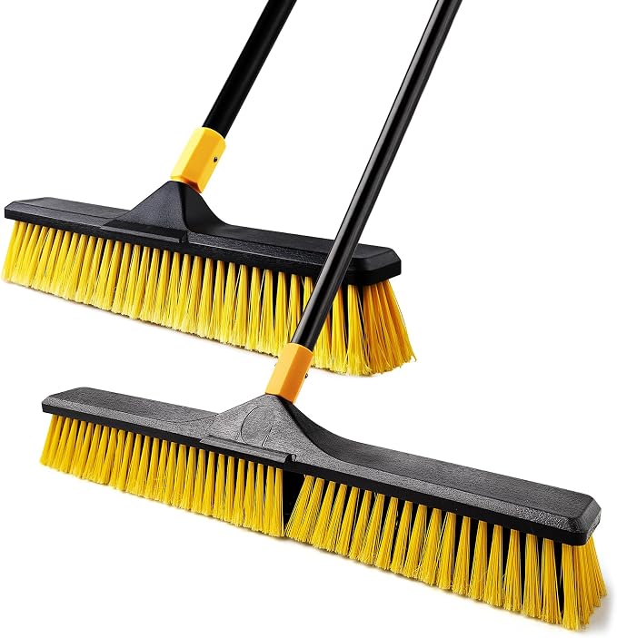Yocada Push Broom Brush 18"+24" Set 5.3" Long Handle Stiff Bristles Heavy-Duty Outdoor Commercial for Cleaning Bathroom Kitchen Patio Garage Deck Concrete Wood Stone Tile Floor