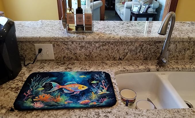 Caroline's Treasures Bioluminescent Fish Dish Drying Mat Absorbent Dish Drying Mat Pad for Kitchen Counter Dish Drainer Mat for Countertop, 14 x 21", Multicolor