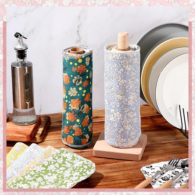 Redbaker 50 Pcs Reusable Paper Towels Paperless Reusable Cotton Cloths Toilet Absorbent Washable Paper Towels with Roll Kitchen Dishcloth for Kitchen Paperless Dishcloths(Flower)