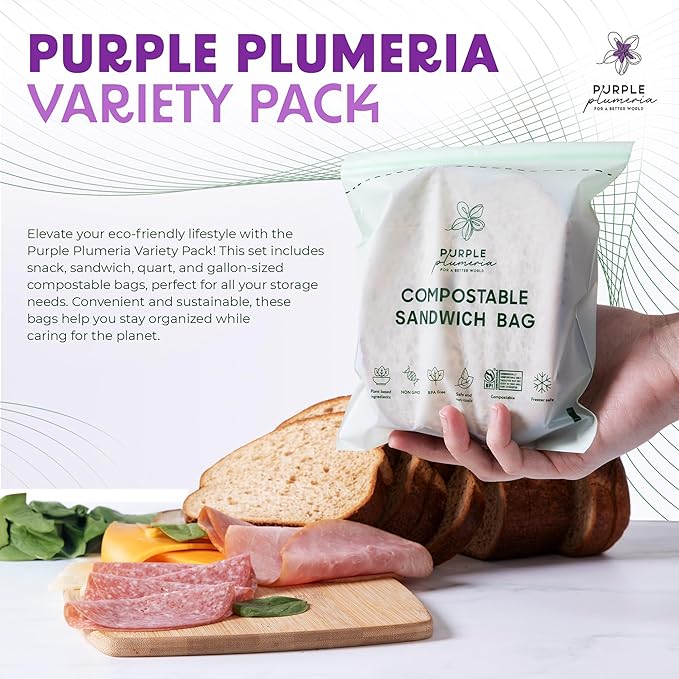 100% Certified Compostable kitchen Bags 230 Count, Resealable BioBased, Leak Proof, Freezer safe, 80 Snack, 80 Sandwich, 50 Quart, 20 Gallon Bags (Variety Pack) | Biobased, Leak-Proof, Durable, Freezer-Safe, Extra Strong