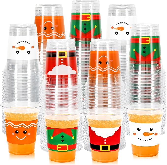 JarThenaAMCS 100Pcs Christmas Disposable Plastic Cups Santa Elf Snowman Gingerbread Man Cold Beverage Drinking Cups for Xmas Holiday Party Supplies, 12 oz
