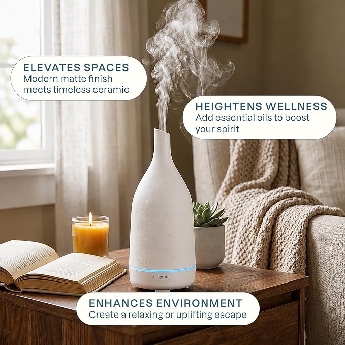 Cliganic Ceramic Aromatherapy Diffuser for Essential Oils (White) - 7 Color Lights, Cool Mist, Auto Shut Off for Home & Office