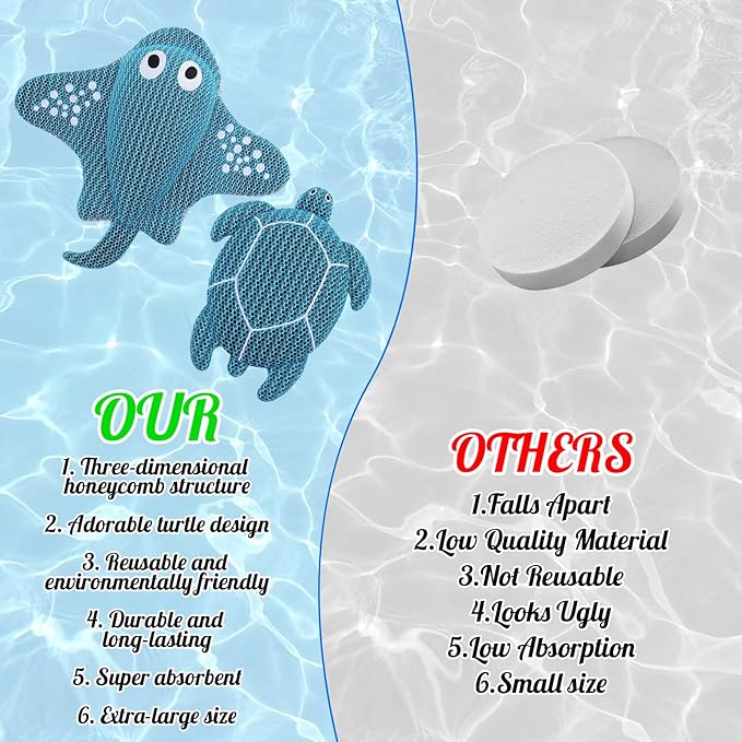 2 Pack Hot Tub Scum Absorber, Reusable Washable Scum Hot Tub Sponge for Spa Pool Cleaner Oil Absorbing Adults, Turtle Devilfish